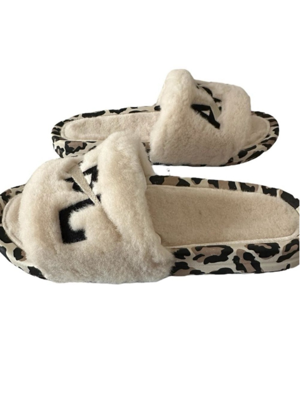 APL Women’s Shearling Slide Sandal in Parchment/Black/Leopard. 🖤🤍🤎 Size 6. NI
